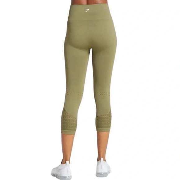 GYMSHARK Energy Seamless Cropped Green Mesh Panel Athletic Workout Gym Leggings - Picture 9 of 10